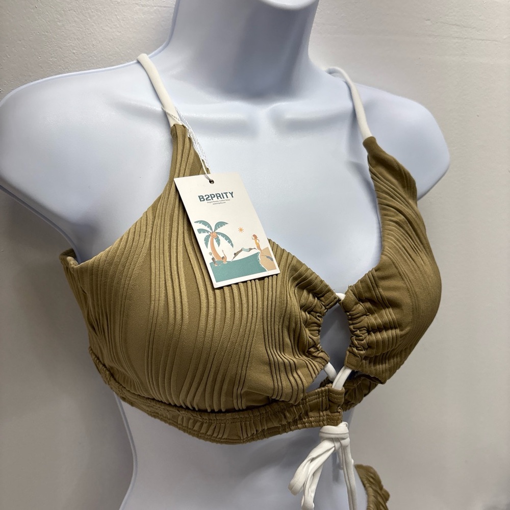Brown Bikini Set two piece swimsuit size XXL (2XL)White Strims ribbed cross - Picture 2 of 7